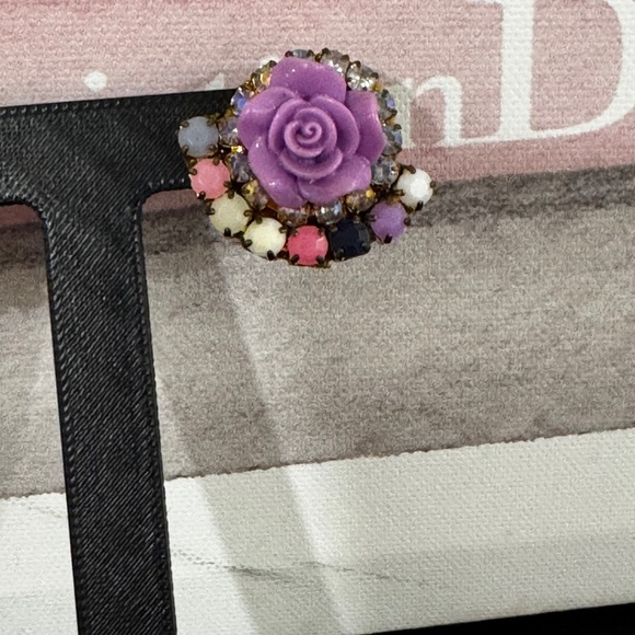 Handmade Lilac Rose Earrings Rhinestone Pastel Studs - Picture 2 of 4